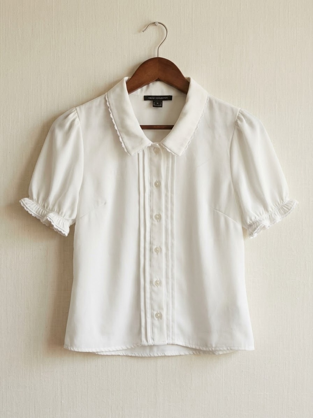 French Connection White Lace Trim Puff Sleeve Blouse | S